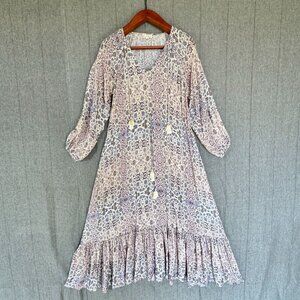 Roller Rabbit Odila Odaya Filigree Print Long Sleeves Tiered Maxi Dress Size S